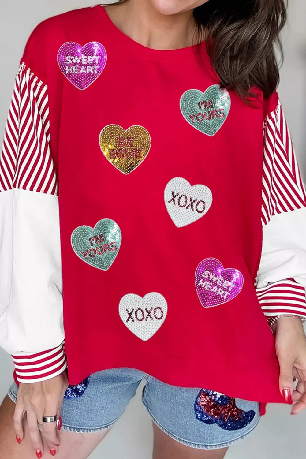 Valentines Day Sequin Heart Striped Color Block Patchwork Sweatshirt