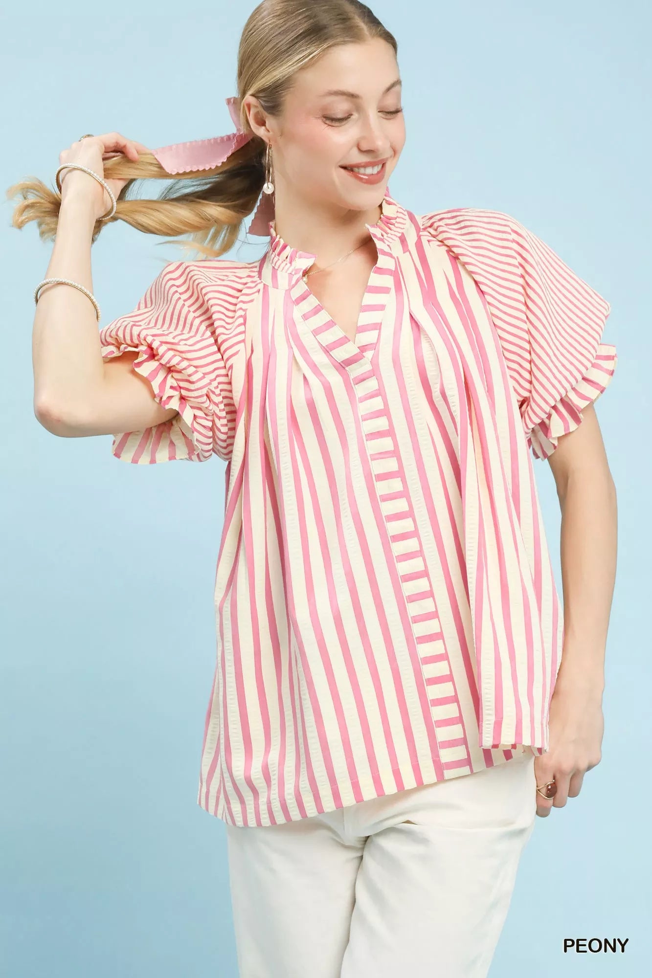 Umgee Striped Notched Top with Short Flutter Sleeves