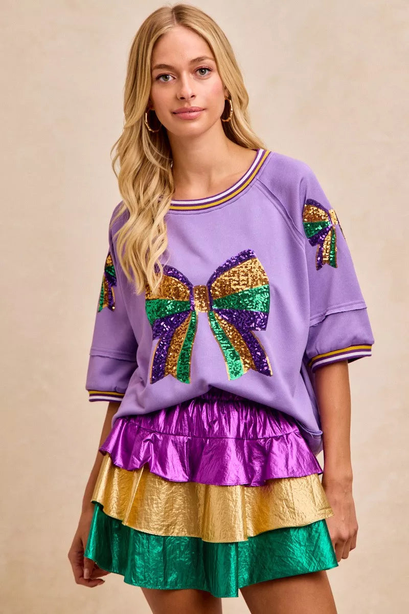 BiBi Mardi Gras Theme Ribbon Sequin Patched Top