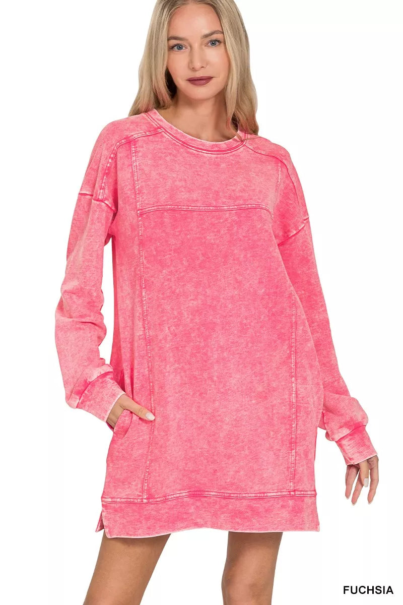Zenana French Terry Acid Washed Dress with Pockets